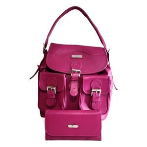 Leather Convertible Backpack Fucsia with Tri Fold Leather Wallet Combo